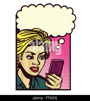 Retro Comic Buch Style Frau betrachten Smartphone, SMS, messaging und denken mit Speech Bubble Pop Vektorgrafiken Stock Vektor