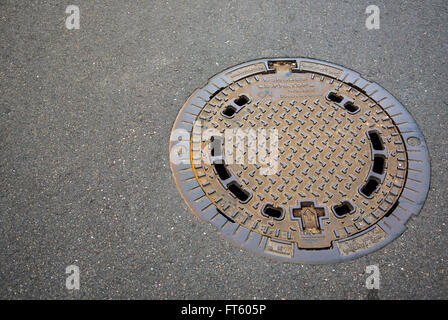 Kanaldeckel auf Garten Pflaster Stockfoto