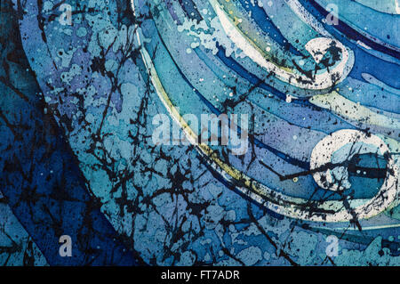 Wellen, lockig, Türkis, hot Batik, Hintergrundtextur, Handarbeit auf Seide, abstrakten Surrealismus Kunst Stockfoto