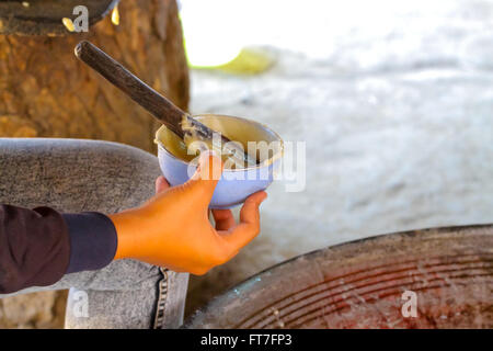 Palmyra-Palme, Toddy Palm, Zucker aus Palmyra-Palme in der Hand der Frau: Sugar Palm ist eine gebräuchliche Bezeichnung für verschiedene Arten von Palmen u Stockfoto