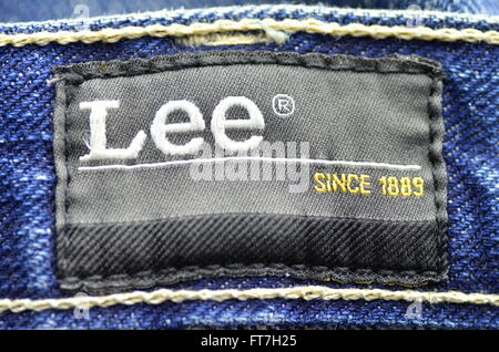 Nahaufnahme von Lee Label Blue Jeans. Stockfoto