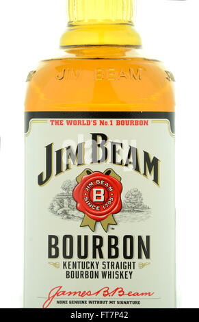 Jim Beam Bourbon Whiskey isoliert auf weißem Hintergrund. Stockfoto