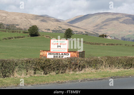 Auchentullich Hofladen und Highland Beef unterzeichnen in Loch Lomond und Trossachs National Park, Schottland direkt an der A82-Straße Stockfoto