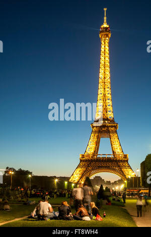 Picknicken auf der Champs de Mars und dem Eiffelturm, Paris, Frankreich Stockfoto