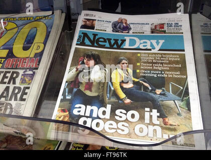 London, UK. 23. März 2016. Eine Ausgabe der neuen britischen Tageszeitung "The New Day" am Kiosk in London, England, 23. März 2016. Foto: Teresa Dapp/Dpa/Alamy Live News Stockfoto