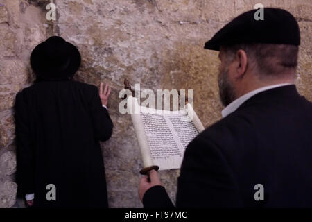 Ein religiöser Jude, der während des jüdischen Purim-Festes in der Westmauer oder Kotel in der Altstadt von Ostjerusalem Israel die Megilla oder die Schriftrolle von Esther liest Stockfoto