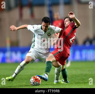 Leiria, Portugal. 25. März 2016. Portugals Adrien Silva (R) wetteifert mit Bulgariens Dimitar Rangelov während ein Freundschaftsspiel zwischen Portugal und Bulgarien in Vorbereitung für die Euro 2016 am städtischen Stadion Leiria, Portugal am 25. März 2016. Bulgarien 1-0 gewonnen. Bildnachweis: Zhang Liyun/Xinhua/Alamy Live-Nachrichten Stockfoto