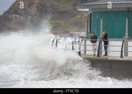 Aberystwyth, Wales, UK. 26. März 2016. Eine sehr nasse Wochenende und Feiertagen. "Wellenlinien" Absturz gegen die neue Musikpavillon in Aberystwyth, suchen Urlauber, blind auf die möglichen Gefahren. Bildnachweis: Alan Hale/Alamy Live-Nachrichten Stockfoto