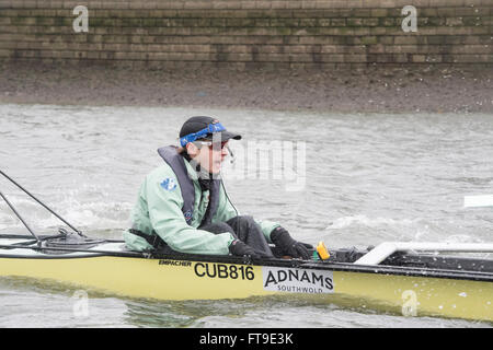 London, UK. 26. März 2016. Das Bootsrennen. Der Cancer Research UK Regatten 2016. Statt auf die Tideway, Themse zwischen Putney und Mortlake, London, England, Vereinigtes Königreich. Tideway Woche. (Praxis Ausflüge während der Woche vor den Rennen, die an Ostern Sonntag, 27. März 2016 stattfinden.) Cambridge University (CUBC) Blue crew auf einem Praxis-Ausflug. Bildnachweis: Duncan Grove/Alamy Live-Nachrichten Stockfoto