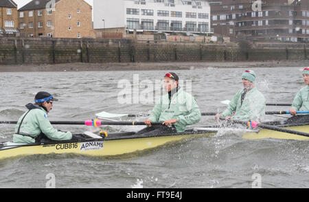 London, UK. 26. März 2016. Das Bootsrennen. Der Cancer Research UK Regatten 2016. Statt auf die Tideway, Themse zwischen Putney und Mortlake, London, England, Vereinigtes Königreich. Tideway Woche. (Praxis Ausflüge während der Woche vor den Rennen, die an Ostern Sonntag, 27. März 2016 stattfinden.) Cambridge University (CUBC) Blue crew auf einem Praxis-Ausflug. Bildnachweis: Duncan Grove/Alamy Live-Nachrichten Stockfoto