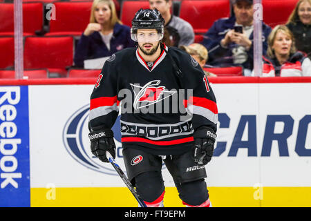 Raleigh, North Carolina, USA. 15. Januar 2016. Carolina Hurricanes linken Flügel Nathan Gerbe (14) während der NHL-Spiel zwischen den Vancouver Canucks und den Carolina Hurricanes in der PNC-Arena. © Andy Martin Jr./ZUMA Draht/Alamy Live-Nachrichten Stockfoto