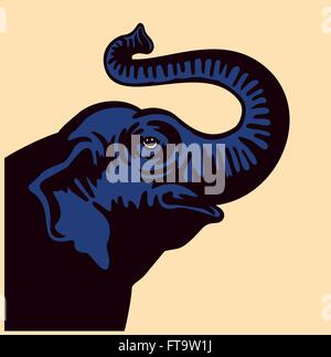 Einfachen Vektor Elefant Kopf steigenden Schnauze und Trompeten Illustration isoliert auf weißem Hintergrund Stock Vektor