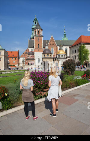 Wawel-Kathedrale (Katedra Wawelska) bewundern Touristen auf Sightseeing-Tour, Garten, Altstadt, Krakow (Krakau), Polen Stockfoto