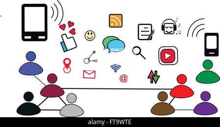 Soziales Netzwerk auf die Menschen auf die heute Technologie mit Icon set wie wie Symbol, Liebe, RSS-Feed, Suchsymbol, wi-Fi, Emoticon, nicht Stock Vektor
