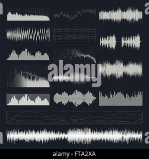 Musik Schallwellen-Vektor-Set isoliert auf einem dunklen Hintergrund. Stock Vektor