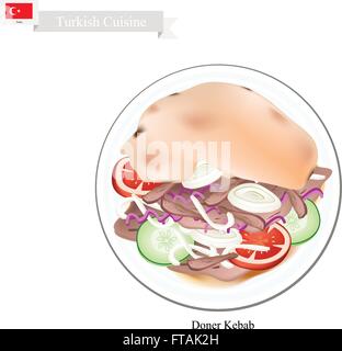 Türkische Küche, Illustration von Döner oder Fladenbrot gefüllt mit gebratenem Fleisch und Gemüse. Eines das beliebteste Gericht Stock Vektor