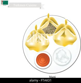 Turkmenische Küche, Manti oder Knödel Teig, gefüllt mit Fleisch und Gewürzen hergestellt. Eines das beliebteste Gericht von Turkmenistan. Stock Vektor