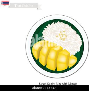 Thai-Küche, Klebreis mit Kokosmilch, serviert mit Reife Mango gedämpft. Eines der beliebtesten Desserts in Thailand. Stock Vektor