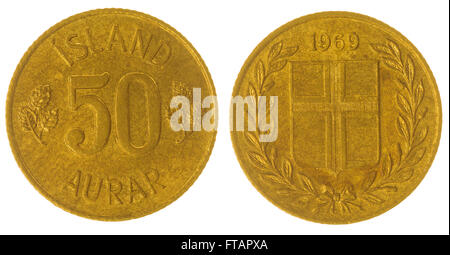50 Aurar 1969 Bronzemünze isoliert auf weißem Hintergrund, Island Stockfoto