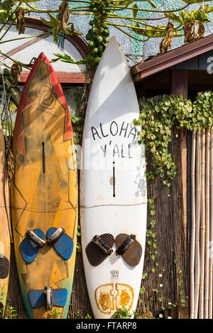 Ein Zaun aus Windsurfen Boards: Einzigartige, Spaß lokale Sehenswürdigkeiten in Grafenau, Maui, Hawaii Stockfoto
