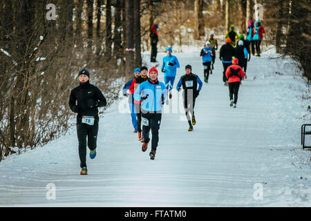 Jekaterinburg, Russland - 14. November 2015: Generalplan durch verschneiten Park Gasse Gruppe von Männern Athleten beim Marathon laufen Stockfoto