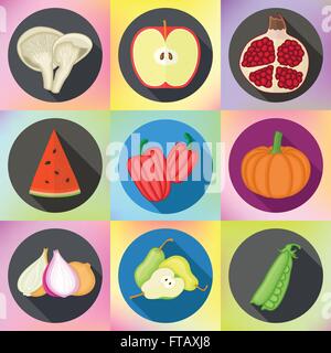Gemüse, Früchte, Pilze Icons set Stock Vektor