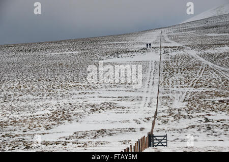 Zwei Fellwalkers zu Fuß neben ein Grenzzaun in der Nähe von Siddaw kleiner Mann im Winter Cumbria. VEREINIGTES KÖNIGREICH. Stockfoto