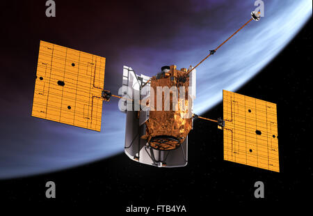 Interplanetare Raumstation im Orbit Planet. 3D Modell. Stockfoto