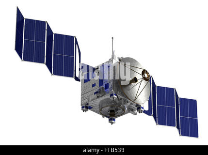 Satellit setzt Sonnenkollektoren. 3D Modell Over White Background. Stockfoto