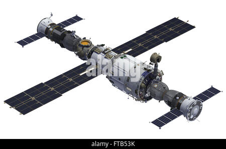 Raumstation und Raumschiffe. 3D Modell Over White Background. Stockfoto