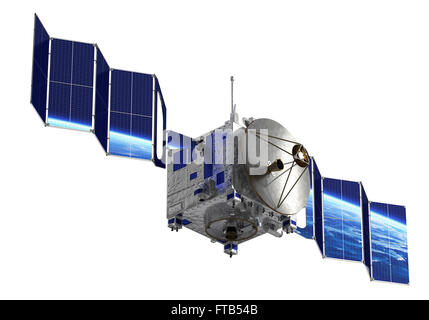 Satellit setzt Sonnenkollektoren. 3D Modell Over White Background. Stockfoto