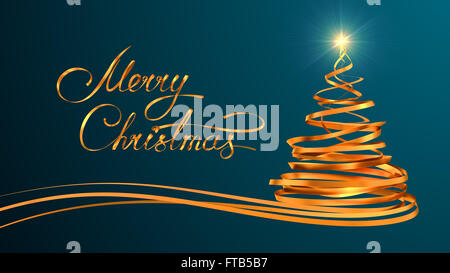 Frohe Weihnachten und Weihnachtsbaum aus Gold Bänder über Cyan Hintergrund Gold Textgestaltung Stockfoto