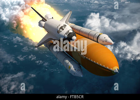 Space Shuttle fliegen über den Wolken. 3D Szene. Stockfoto