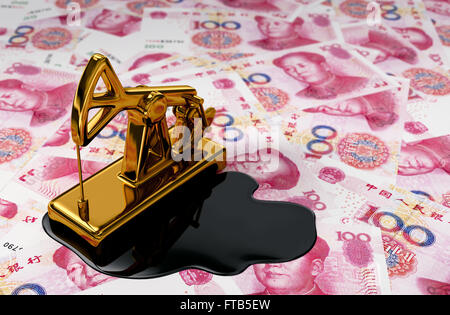 Golden Bohrschwengels und ausgelaufenen Öls auf chinesischen Yuan. 3D Szene. Stockfoto