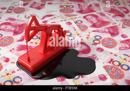 Rote Bohrschwengels und ausgelaufenen Öls auf chinesischen Yuan. 3D Szene. Stockfoto