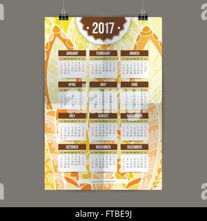 Zentangle bunten Kalender 2017 handgemalte im Stil von floralen Mustern und Doodle. Stock Vektor