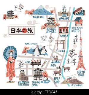 schöne Japan Wanderkarte - Japan Reise in Japanisch auf der linken Seite Stock Vektor