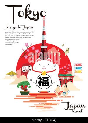 Japan reisen Poster mit schönen glücklichen Katze und Tokyo tower Stock Vektor