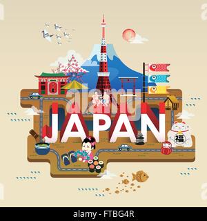 schöne Japan reisen Poster mit berühmten Sehenswürdigkeiten Stock Vektor