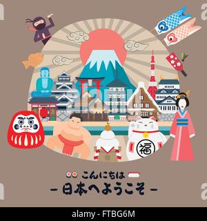schöne Japan reisen Poster - Hallo und herzlich willkommen in Japan auf Japanisch Stock Vektor