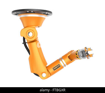 Orange Roboter Decke Arm isoliert auf weißem Hintergrund.  3D-Rendering Bild mit Beschneidungspfad. Stockfoto