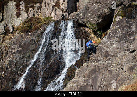 Junger Mann Klettern Wasserfälle in scheut Ghyll im Langdale, Cumbria UK. Stockfoto