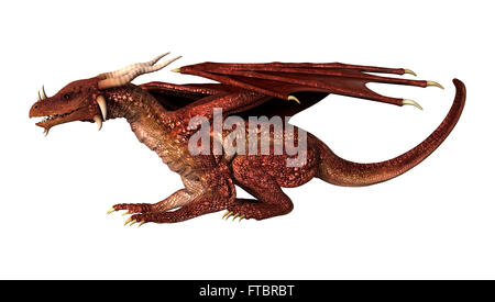 3D Abbildung eines roten Fantasy Drachen isoliert auf weißem Hintergrund Stockfoto