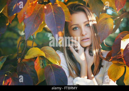 Schöne junge Frau posiert unter bunten Herbstlaub Stockfoto