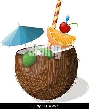 Exotische Kokosnuss cocktail isoliert auf weiss. Vektor-illustration Stock Vektor