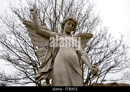 Ein Engel hält eine Rose und zeigt auf den Himmel in Grange Friedhof, Edinburgh. Stockfoto