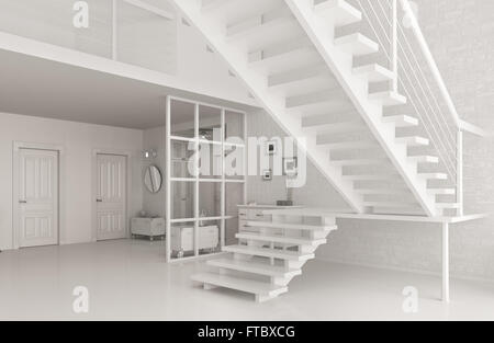 Innenraum der weißen Eingang mit Treppe, 3D-Rendering Stockfoto