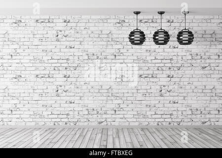 Zimmer mit drei Lampen vor der Mauer, Holzboden, inneren Hintergrund, 3D-Rendering Stockfoto