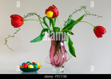 Blühende Tulpen in Vase mit weißem Hintergrund und farbigen Ostereiern Stockfoto