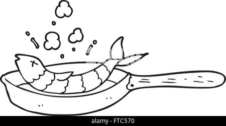 freihändig gezeichnet schwarz / weiß Cartoon Fisch braten Stock Vektor